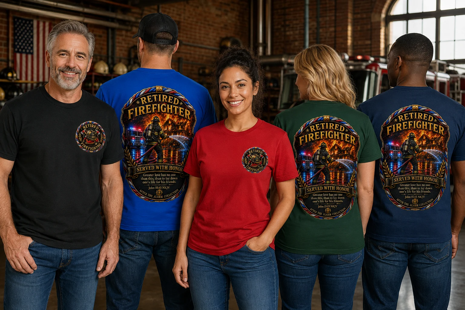Retired Firefighter Tribute Shirt shown on shirts